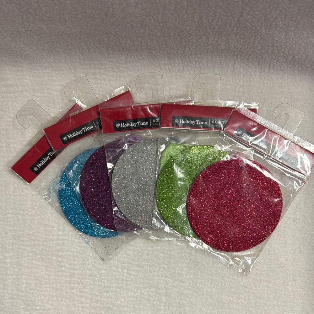 5 pc x 6 ct Holiday Time Gift Tags Large 3” Round Glitter Organza Tie 5 Color